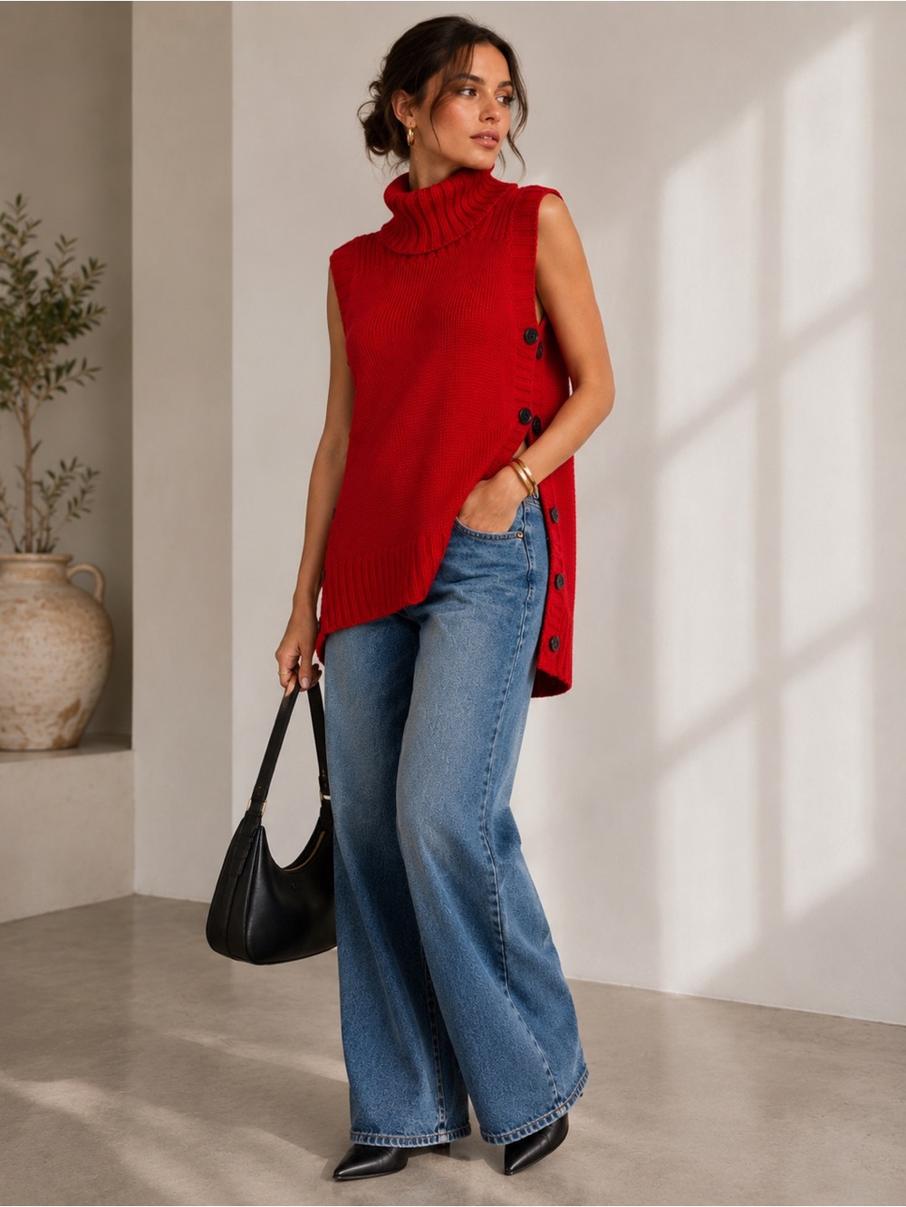 Red Wide Turtleneck Button Down Sides Sleeveless Sweater by Kenneth Cole Size S